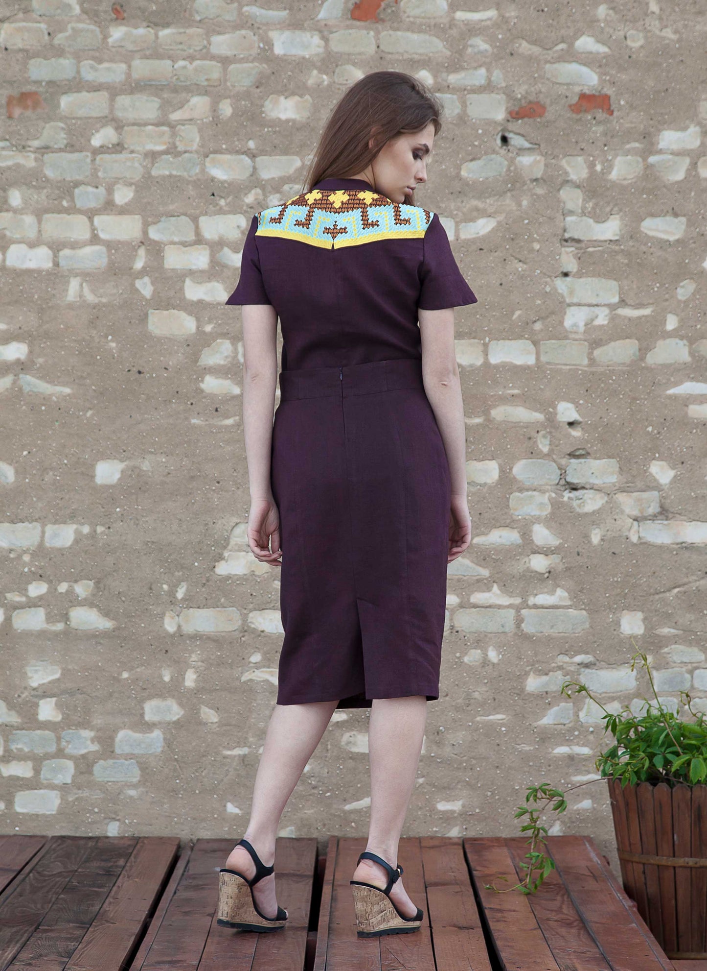 Chocolate Linen Blouse - Embroidered Star Accents