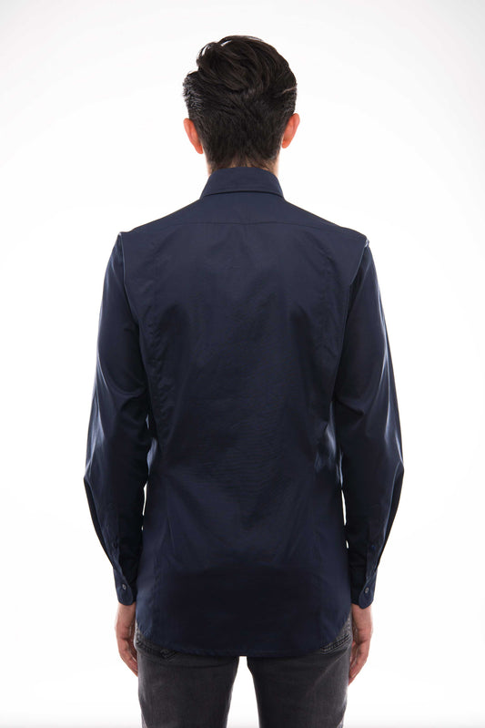 Classic Dark Blue Cotton Shirt - Modern Band Collar Design