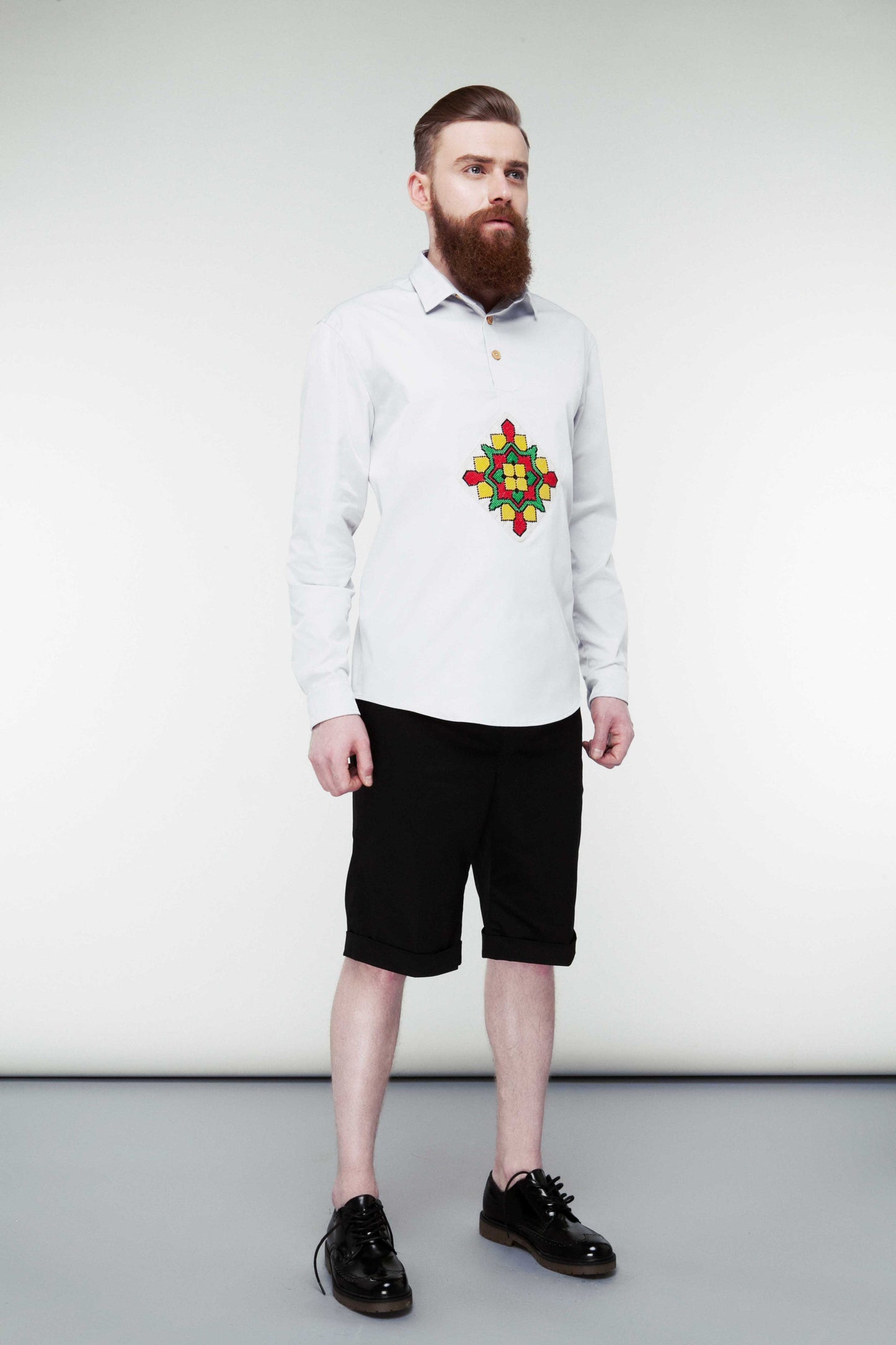 Grey Cotton-Silk Shirt - Magic Rhombus Embroidery