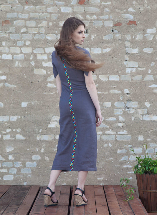 Grey Linen Dress - Symbolic Rhombus Detail