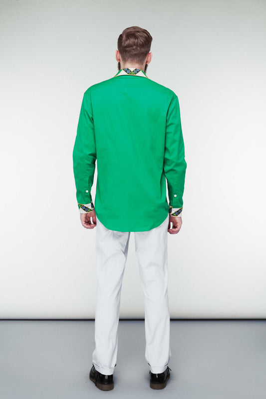 Hand-Embroidered Green Shirt - Folk Art Rhombus Design 1