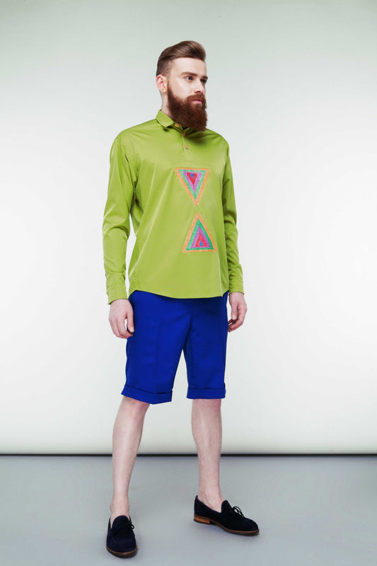 Khaki Cotton-Silk Shirt - Hourglass Embroidery Design 2