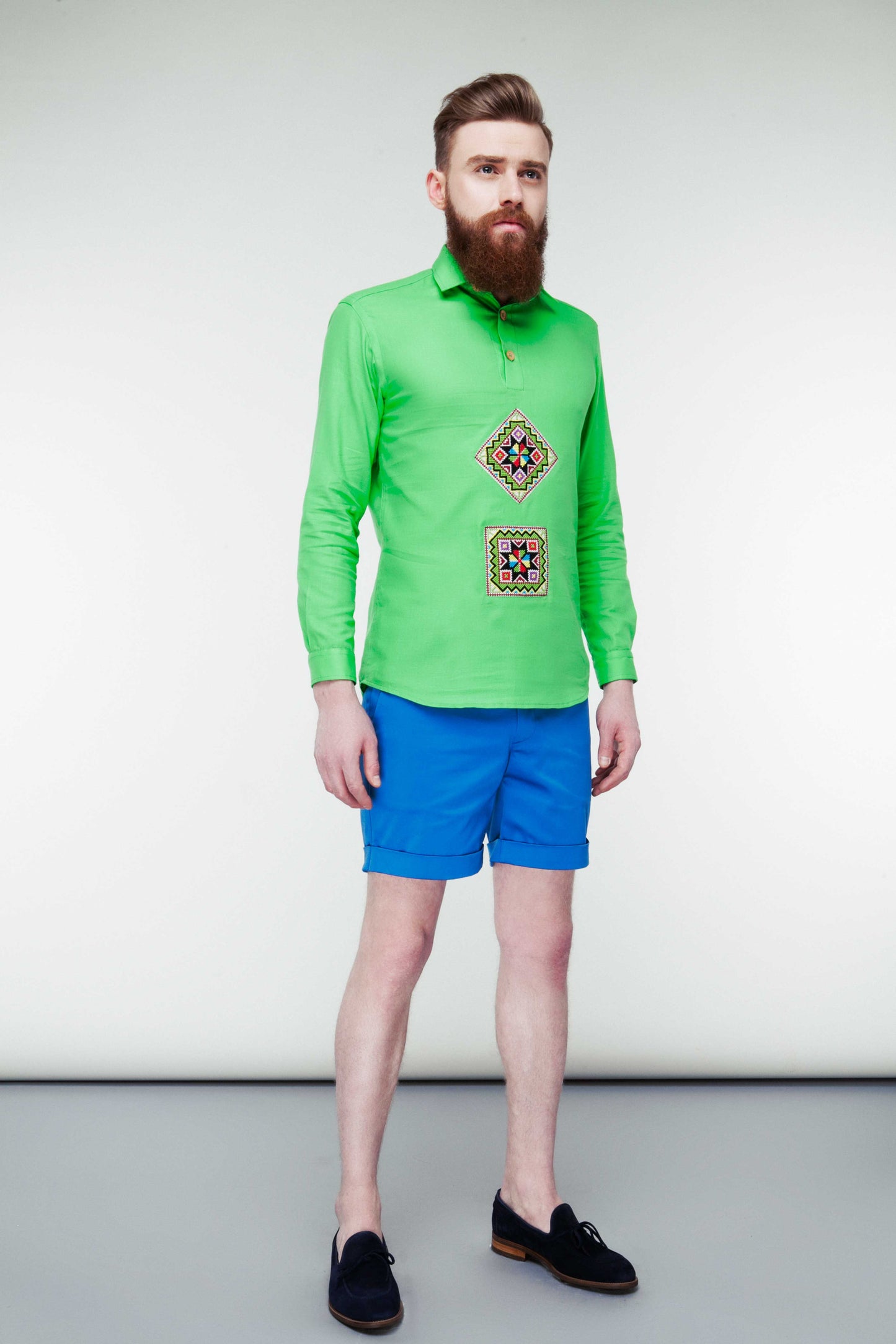 Light Green Cotton Shirt - Magic Rhombus Embroidery