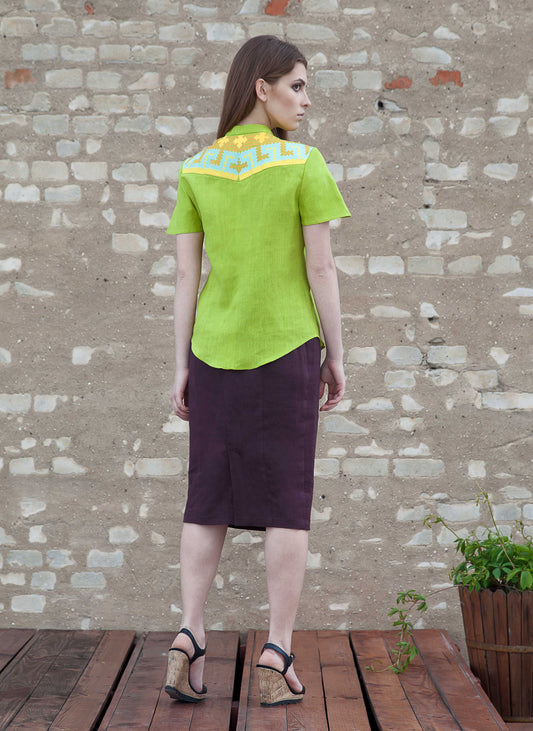 Light Green Linen Blouse - Magical Embroidered Stars Design