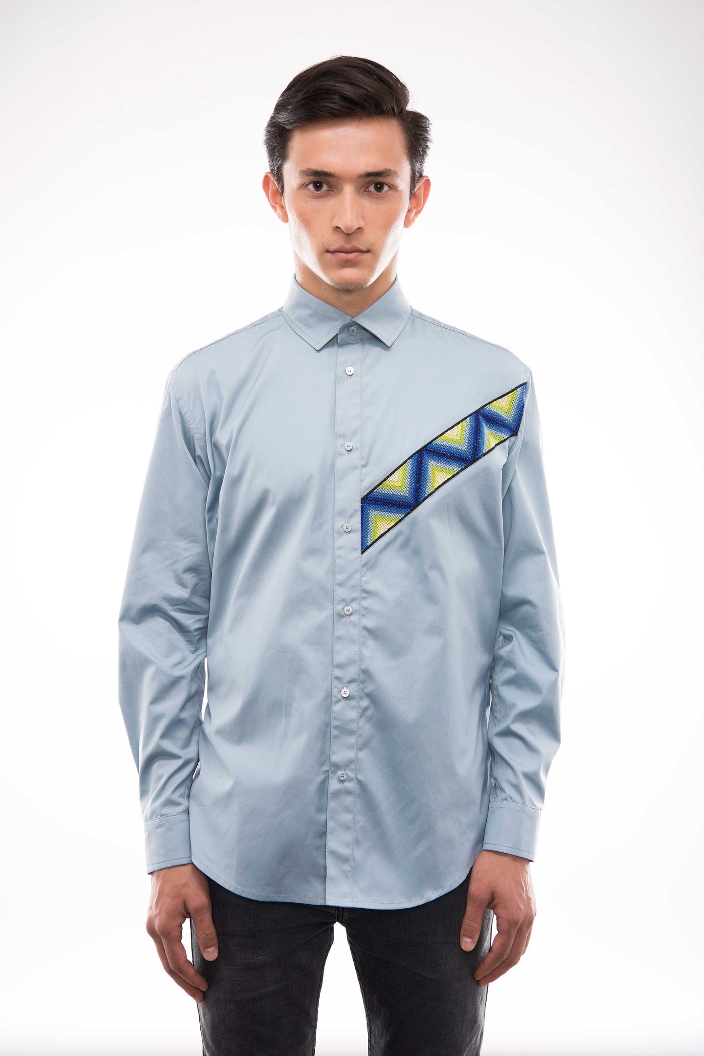 Lightblue Cotton Shirt - MAKI HOMMES Embossed Seams