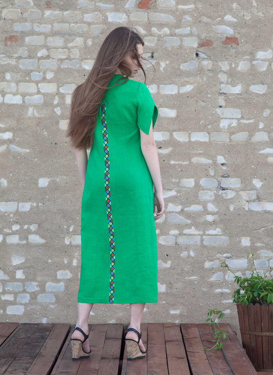 Linen Embroidered Dress with Protective Rhombus Symbols – Sage Green