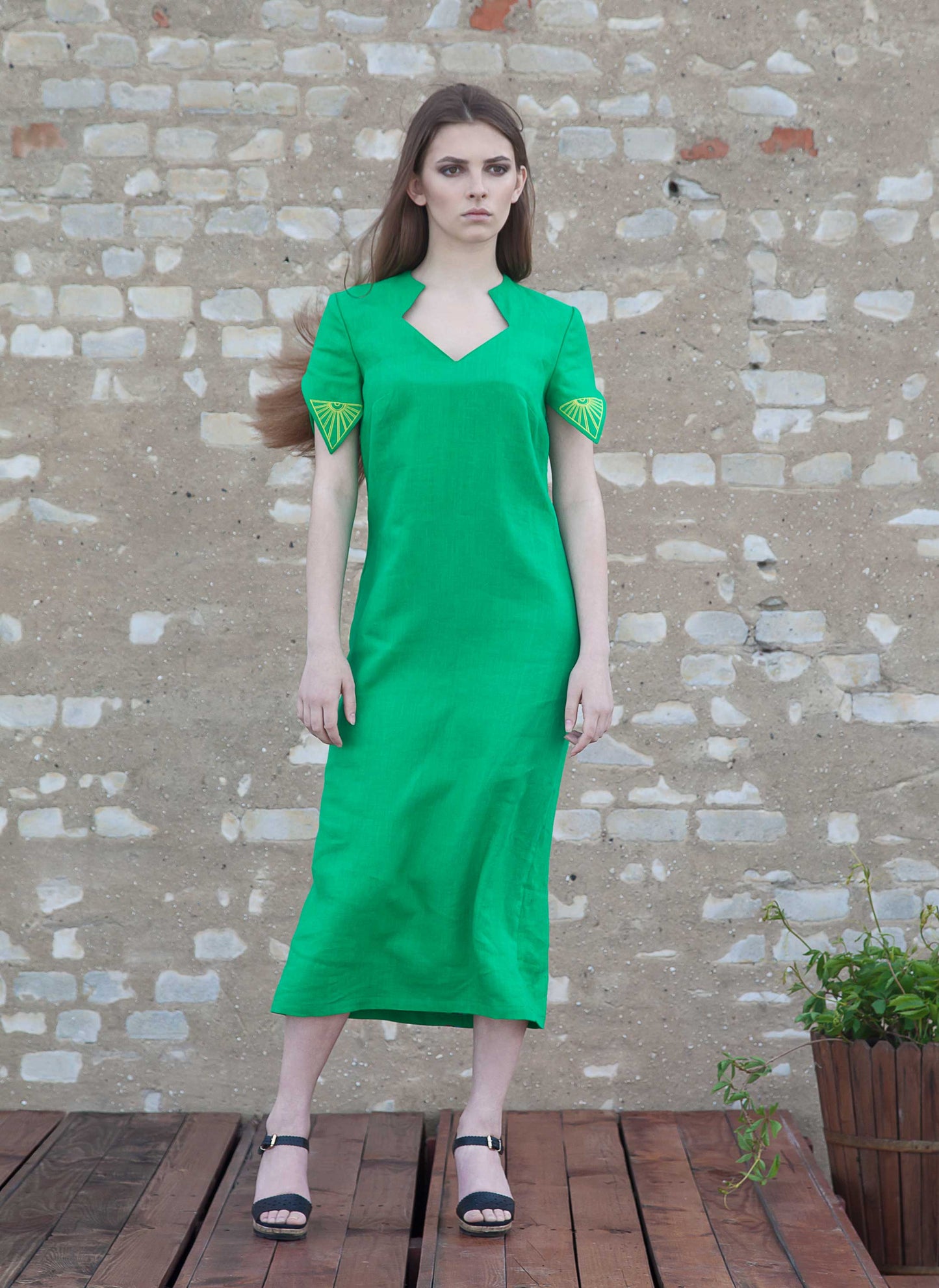 Linen Embroidered Dress with Protective Rhombus Symbols – Sage Green