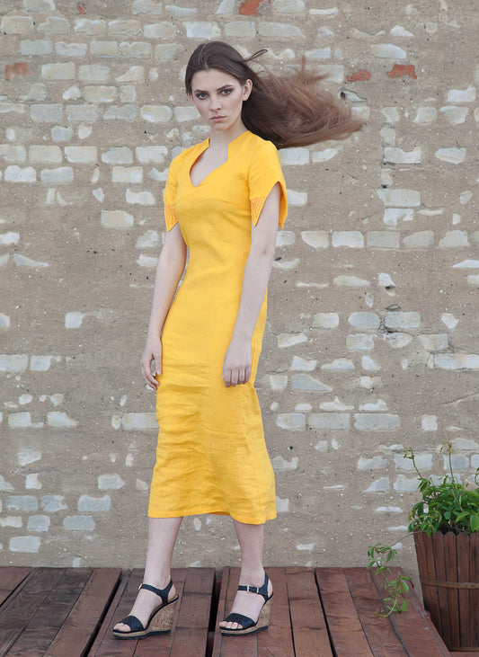 Linen Midi Dress - Bright Yellow Geometric Accents