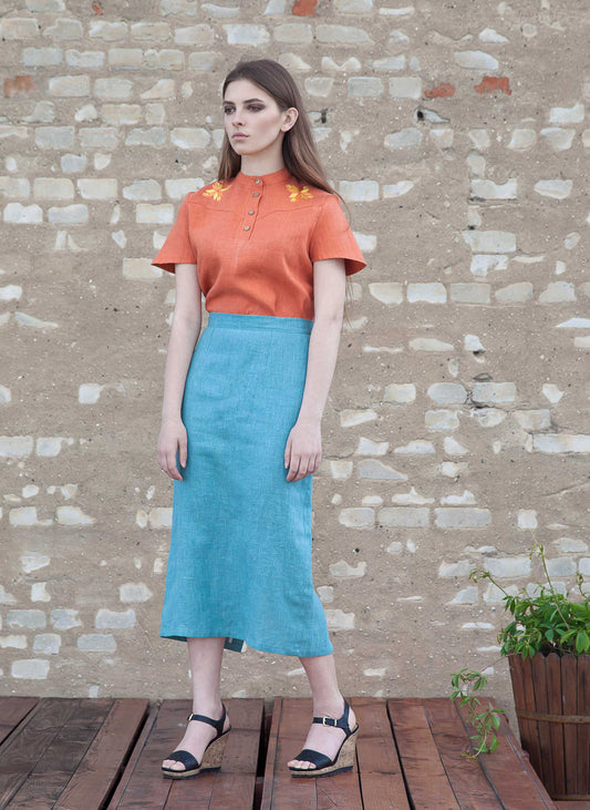 Peach Coral Linen Blouse - Machine Embroidery Art