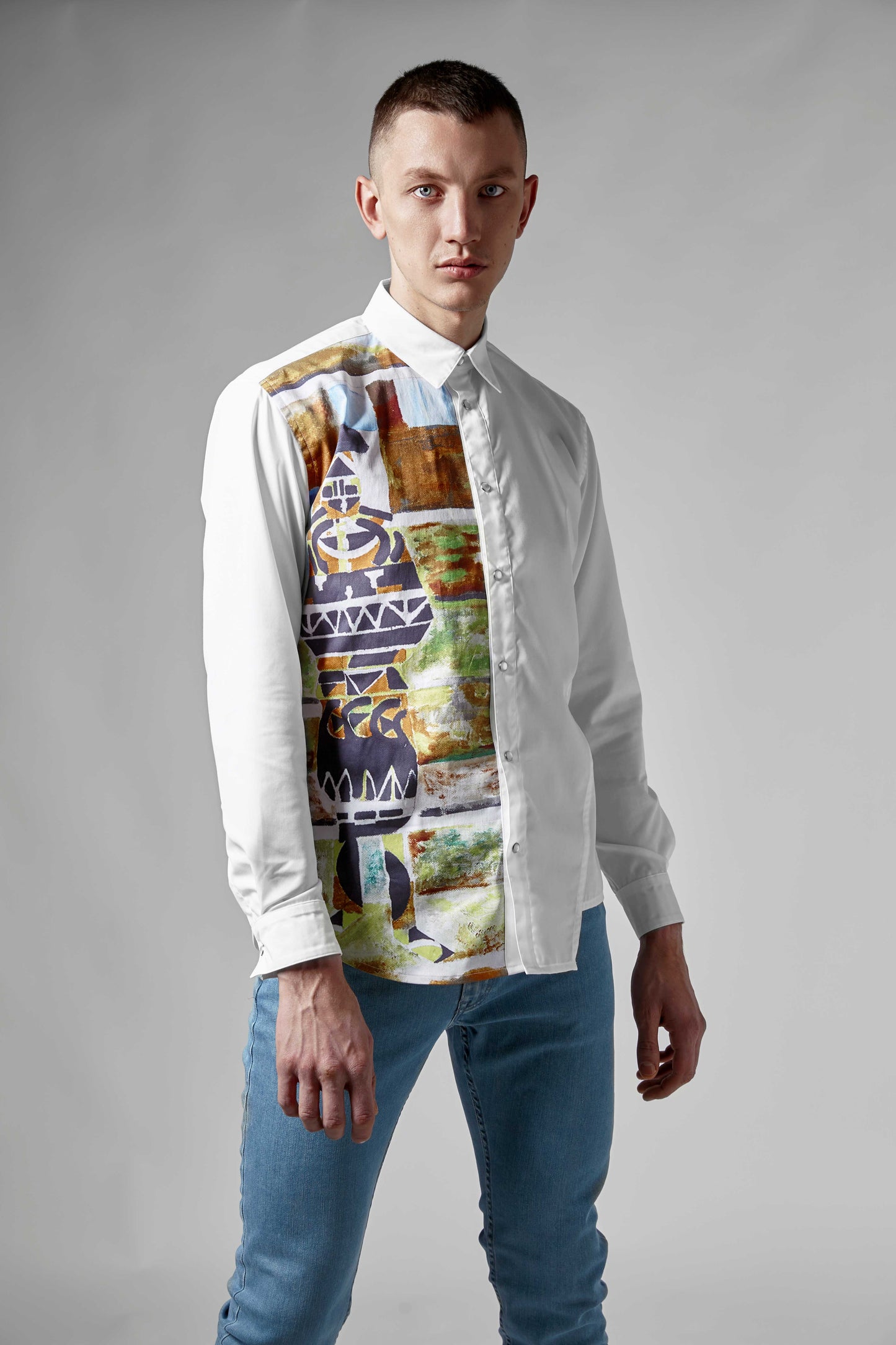 White Asymmetrical Cotton Shirt - Anastasis Print