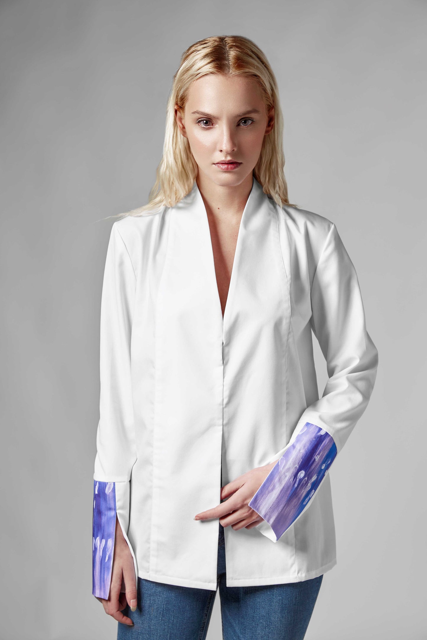 White Cotton Blouse - Anastasis Lilac Back Print by Yulia Marushko