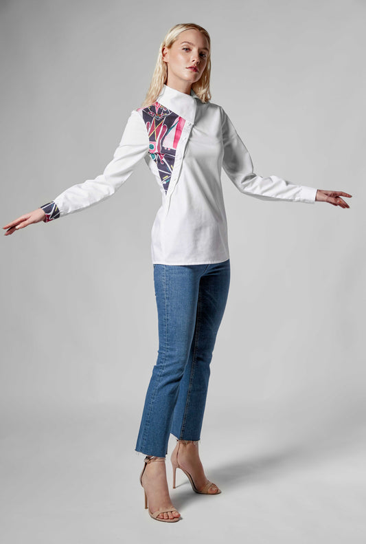 White Cotton Shirt - Oblique Buckle with Anastasis Print