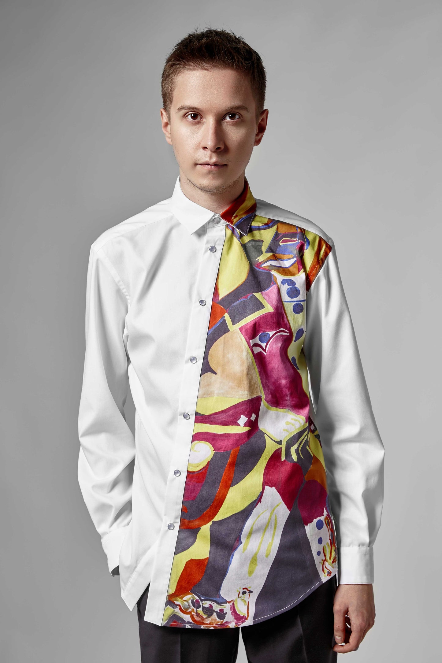 White Cotton Shirt - Anastasis Soldier Print by Yulia Marushko