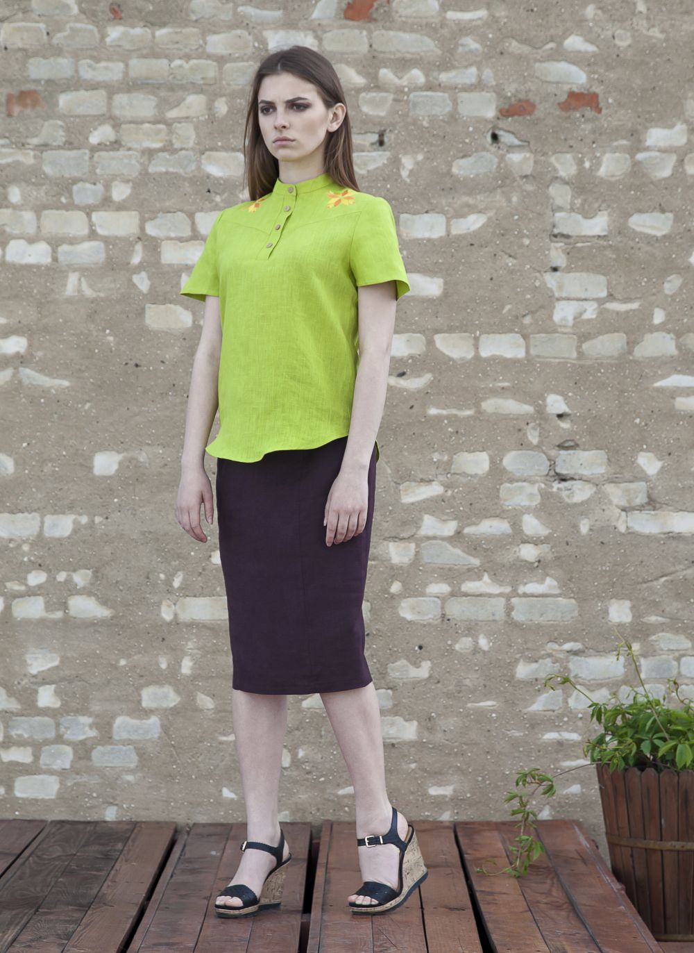 Linen light green blouse With magical embroidered stars