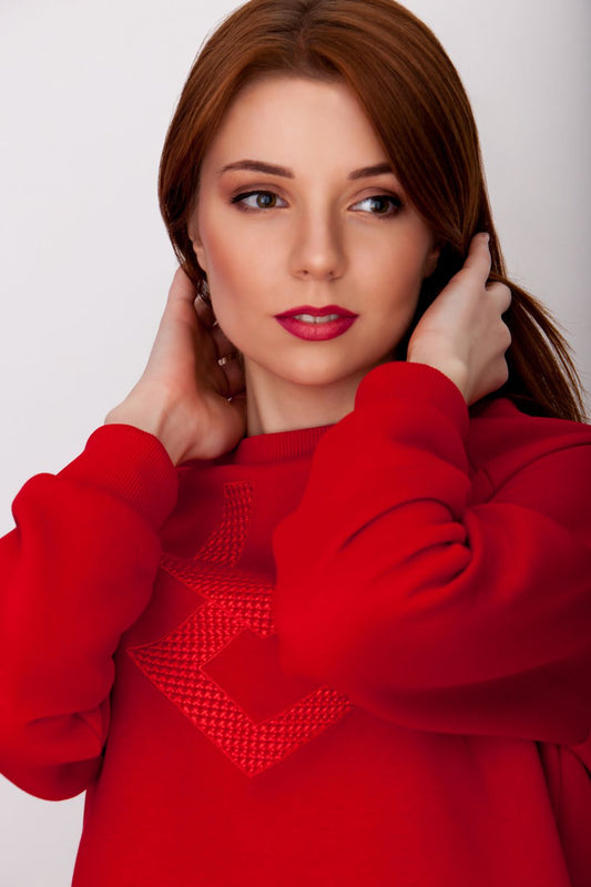 Red Sweatshirt - Cotton Blend with Embroidery