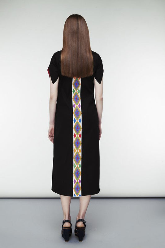 Women's Embroidered Black Dress - Dutch Fabric & Rhombus Details