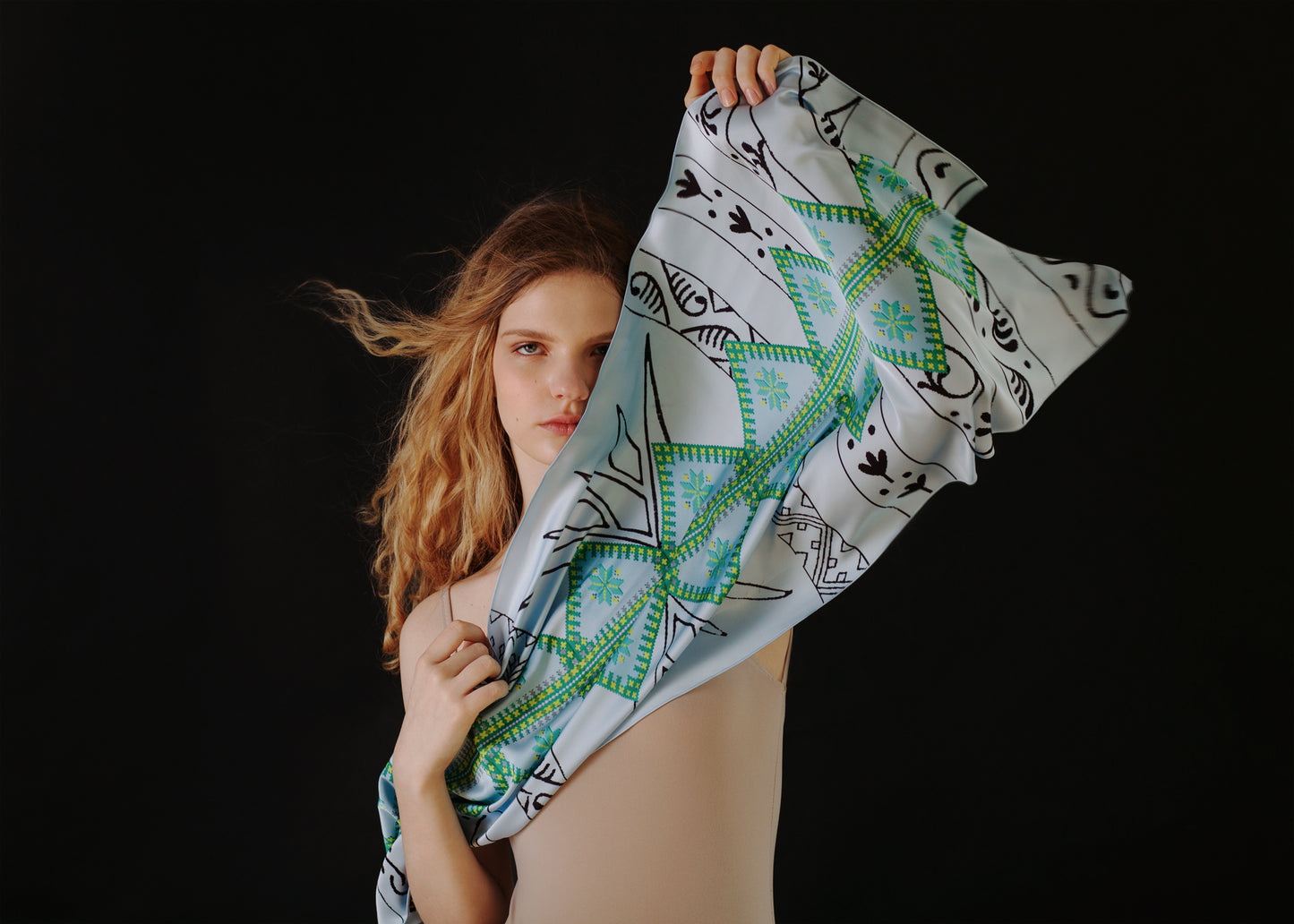 Silk scarf The enchanted triangle with ethnic ornament