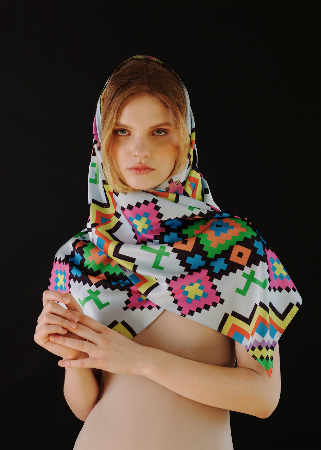 Colorful Silk Scarf with Ethnic Symbols – Handcrafted Ukrainian Design