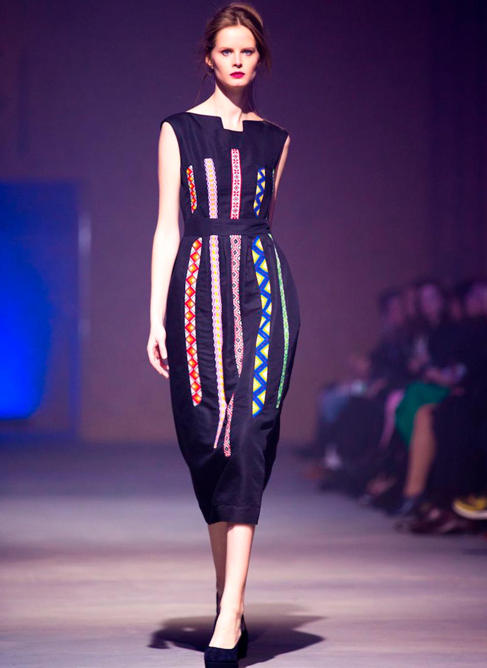 Black Cotton Silk Dress - Handmade with Line Embroidery