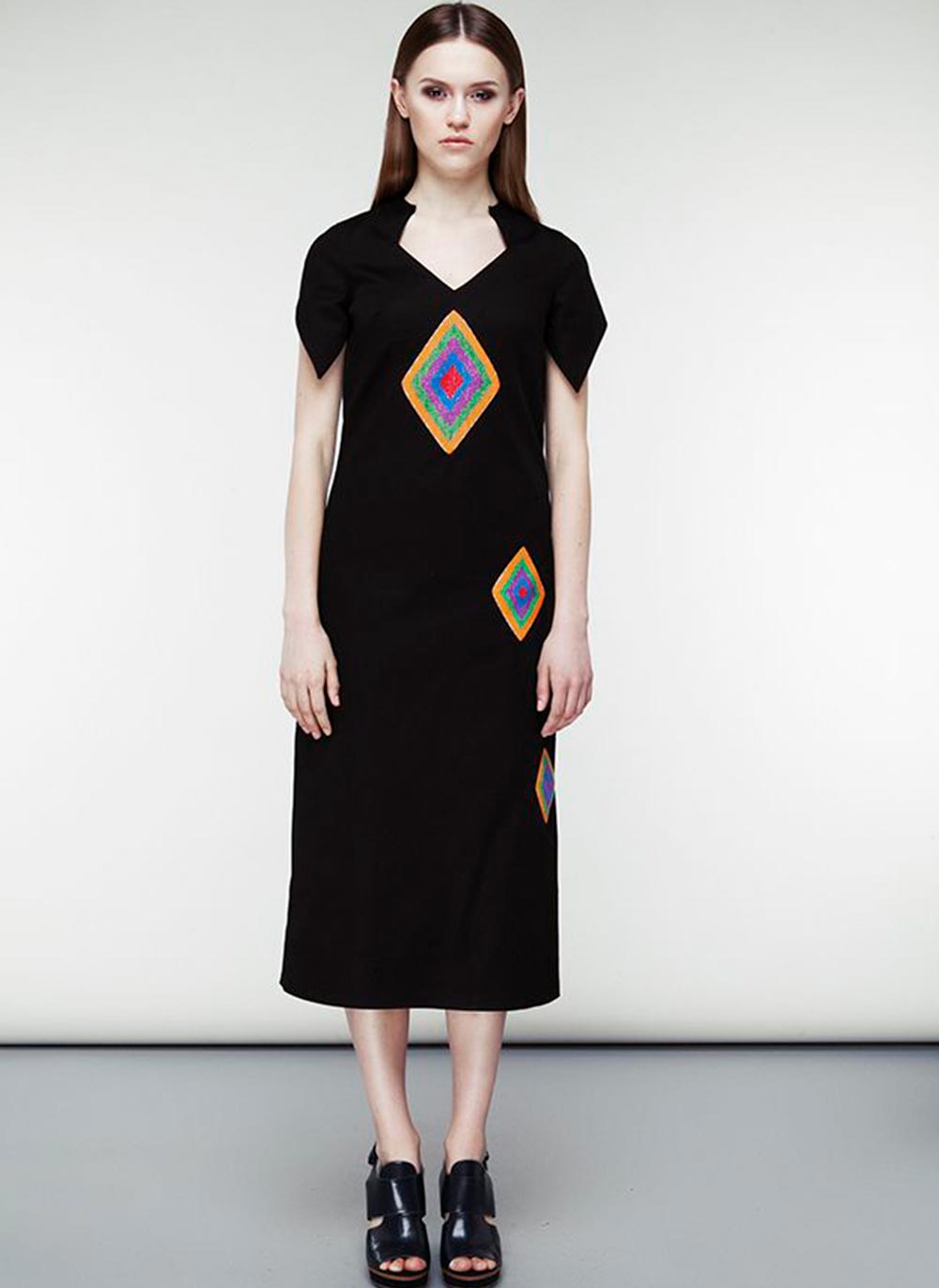 Women's Embroidered Black Dress - Dutch Fabric & Rhombus Details