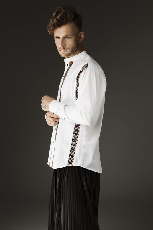 White Cotton-Silk Shirt - Lines of Strong Embroidery