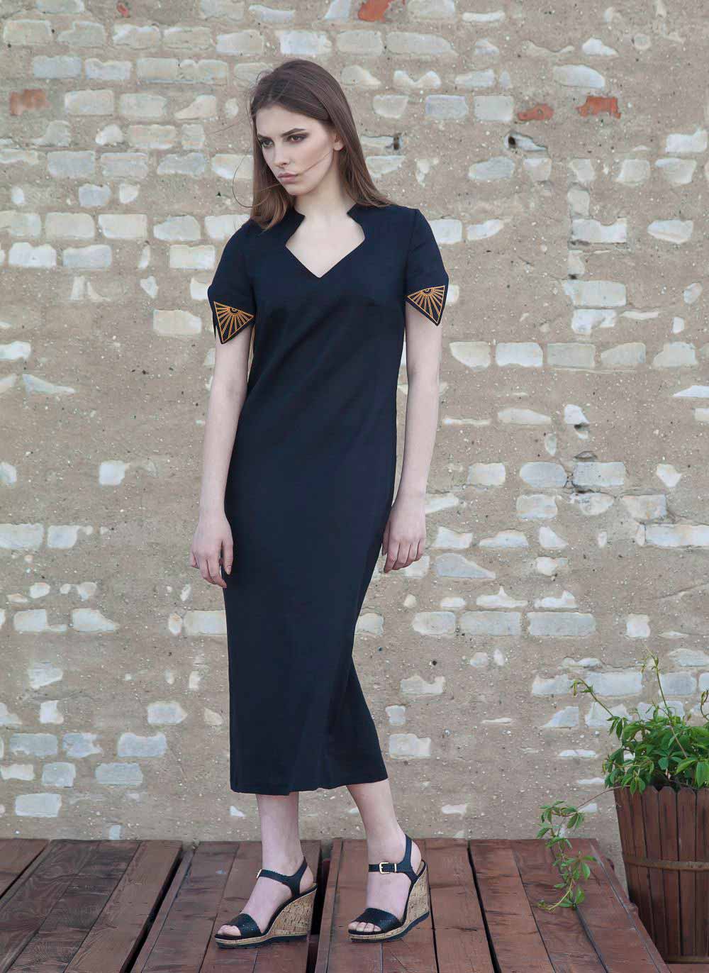 Linen Black Dress With magic rhombuses