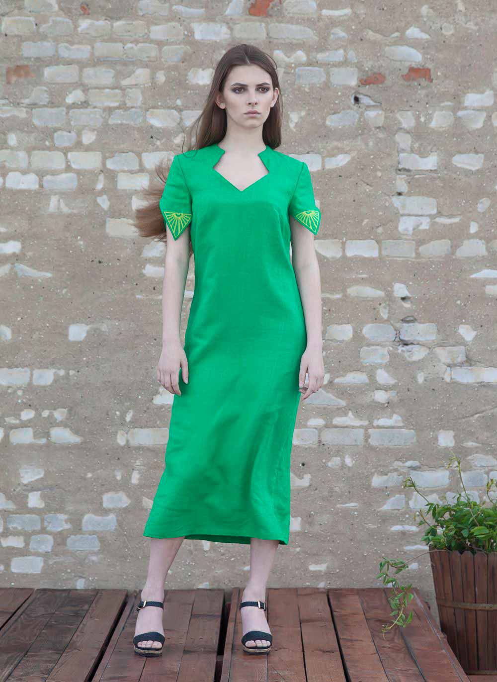 Linen Green Dress With magic rhombuses