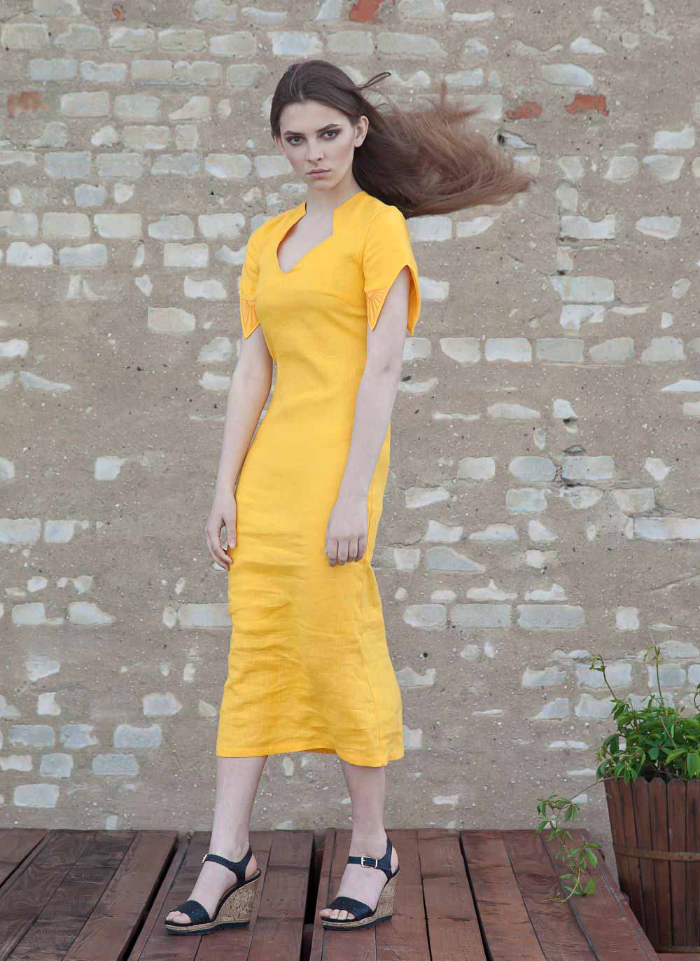 Linen Yelow Dress With magic rhombuses