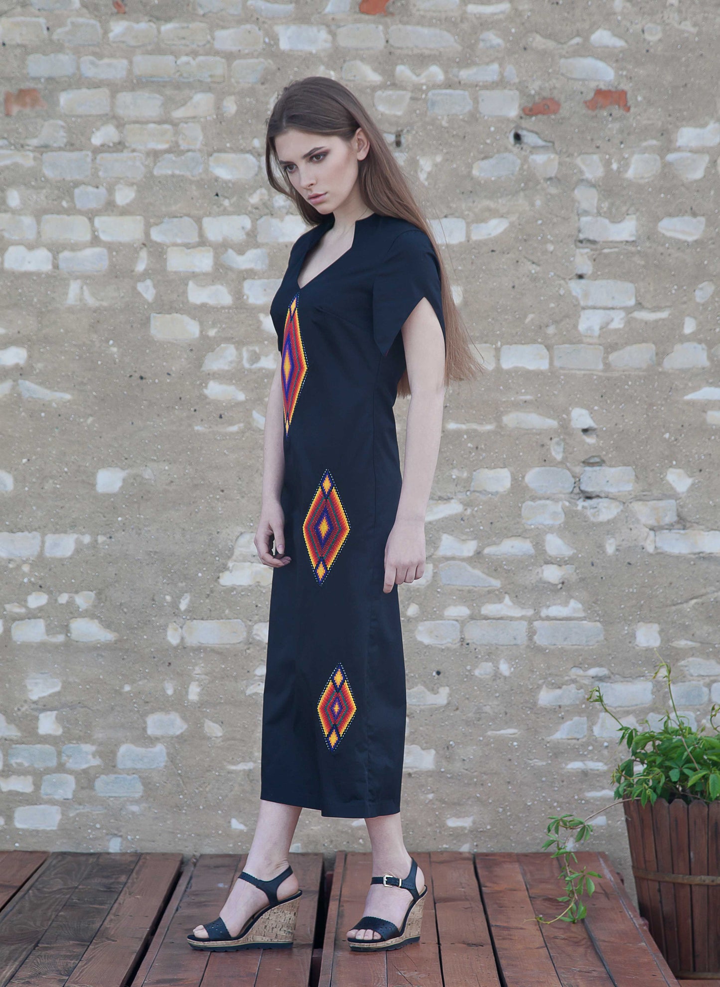 Black Cotton Dress - Handmade with Embroidered Details