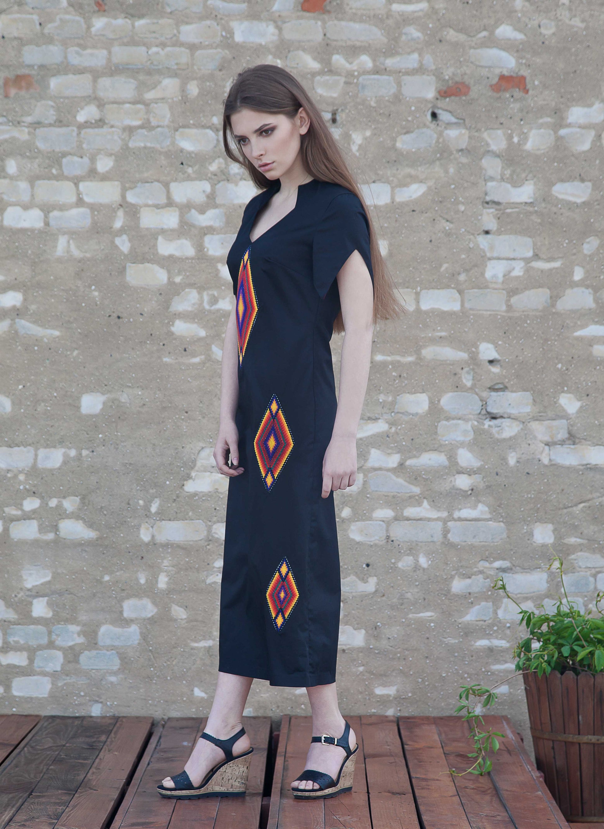 Black Cotton Dress - Handmade with Embroidered Details