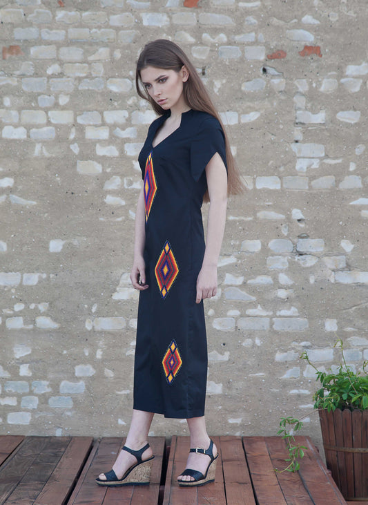 Black Cotton Dress - Handmade with Embroidered Details