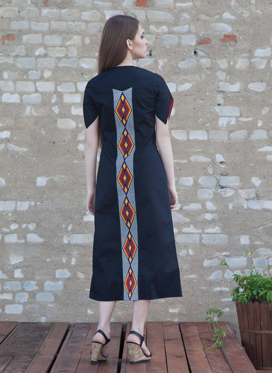 Black Cotton Dress - Handmade with Embroidered Details