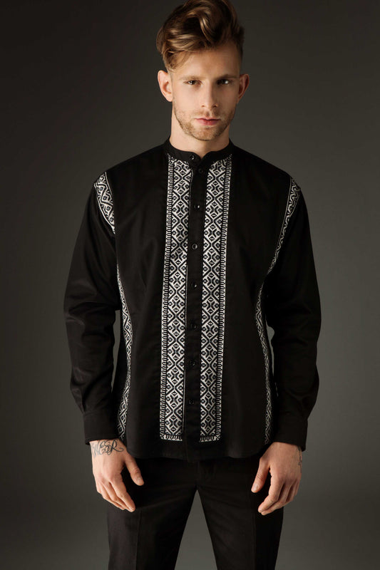 Black Embroidered Cotton Silk Shirt - Lines of Strong Design