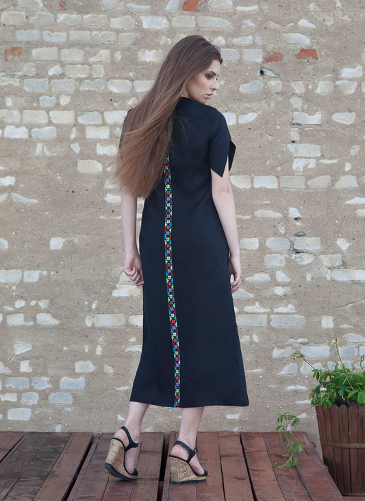 Black Linen Dress - Symbolic Rhombus Embroidery