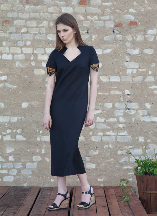Black Linen Dress - Symbolic Rhombus Embroidery
