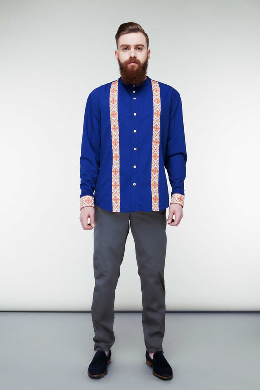 Blue Cotton Shirt - History Lines Embroidery