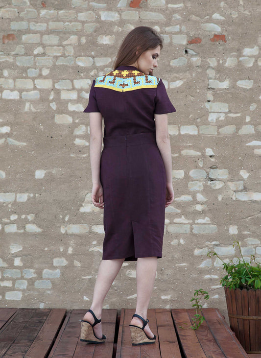 Chocolate Linen Blouse - Embroidered Star Accents