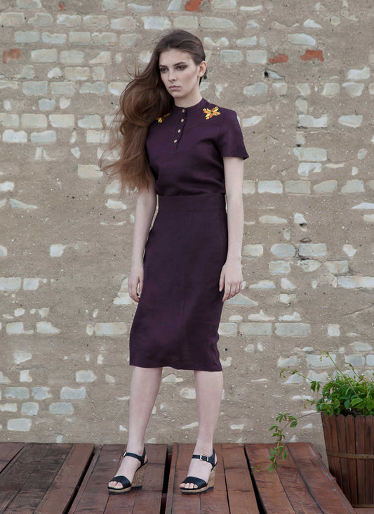 Chocolate Linen Blouse - Embroidered Star Accents