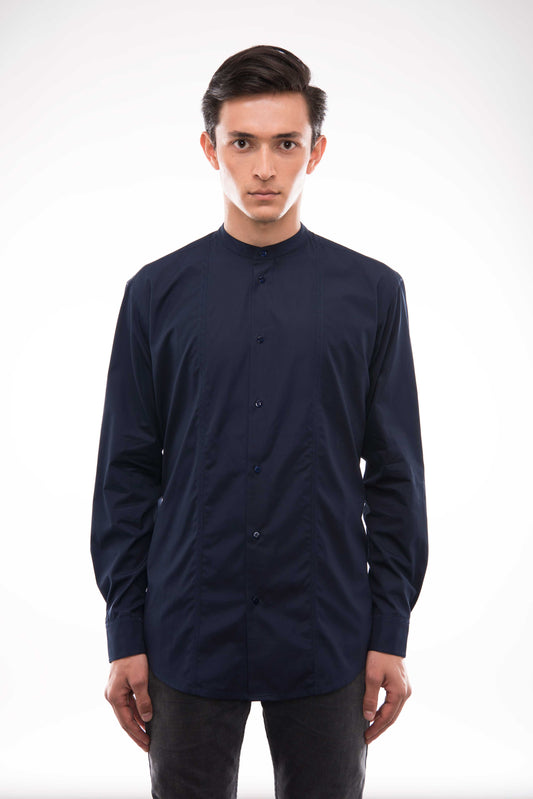 Classic Dark Blue Cotton Shirt - Modern Band Collar Design