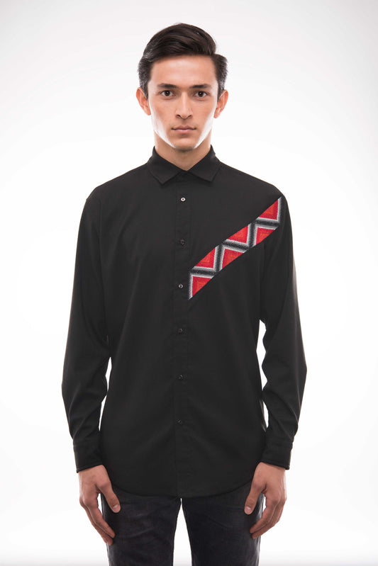 Designer Embroidered Shirt - Black & Red Motif for Men