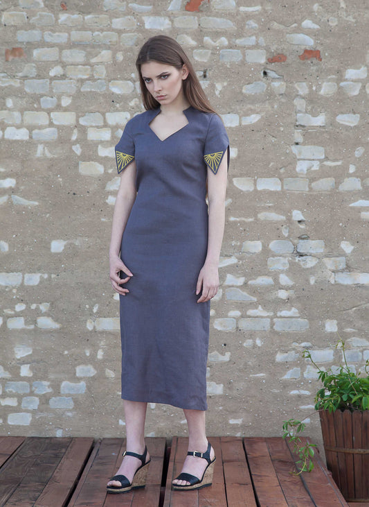 Grey Linen Dress - Symbolic Rhombus Detail