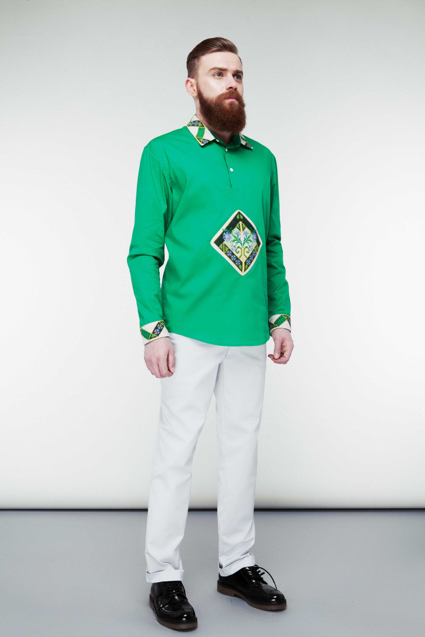 Hand-Embroidered Green Shirt - Folk Art Rhombus Design