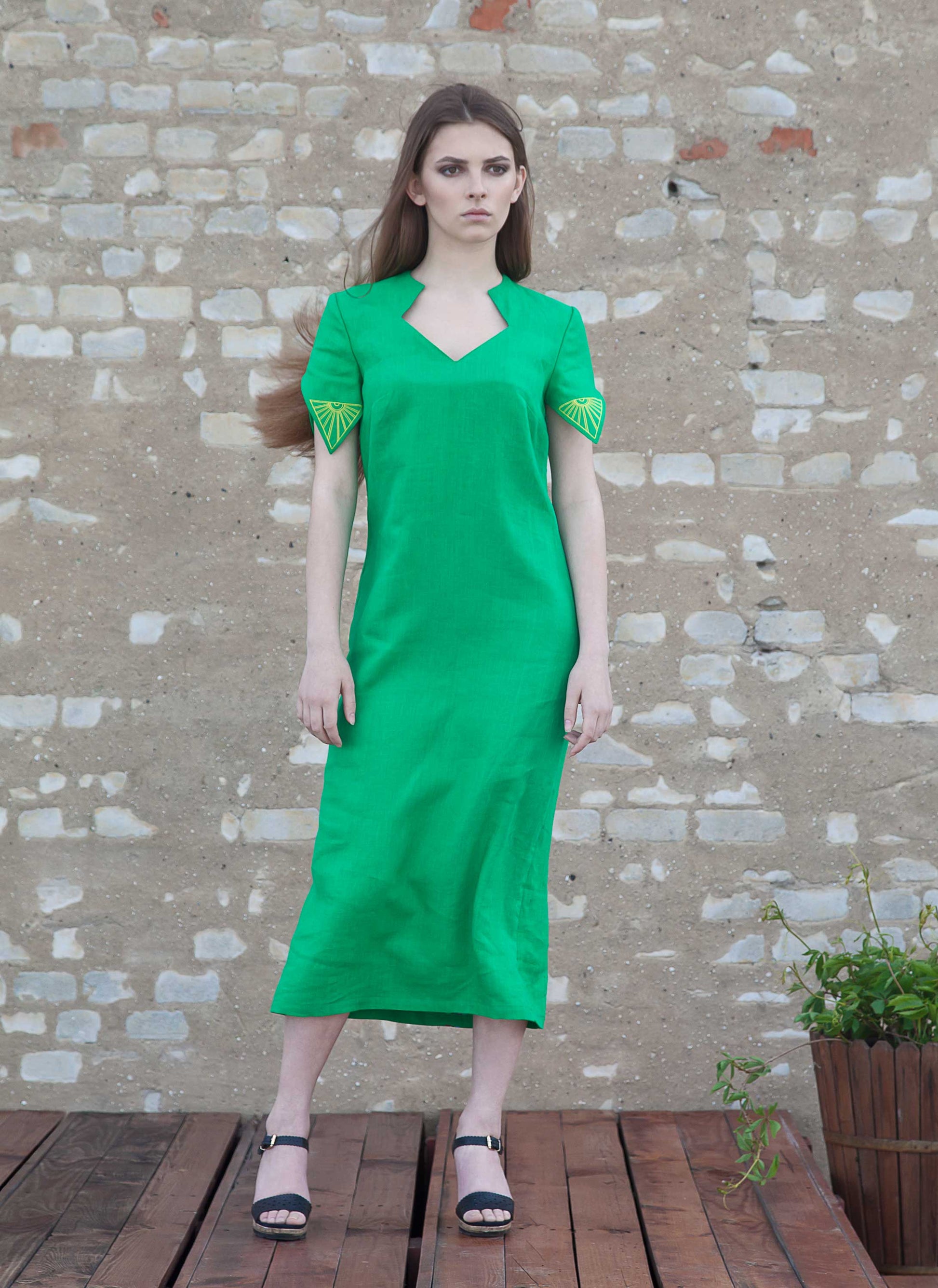 Linen Embroidered Dress with Protective Rhombus Symbols – Sage Green