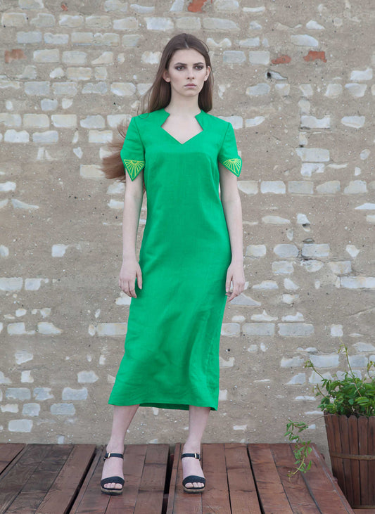 Linen Embroidered Dress with Protective Rhombus Symbols – Sage Green
