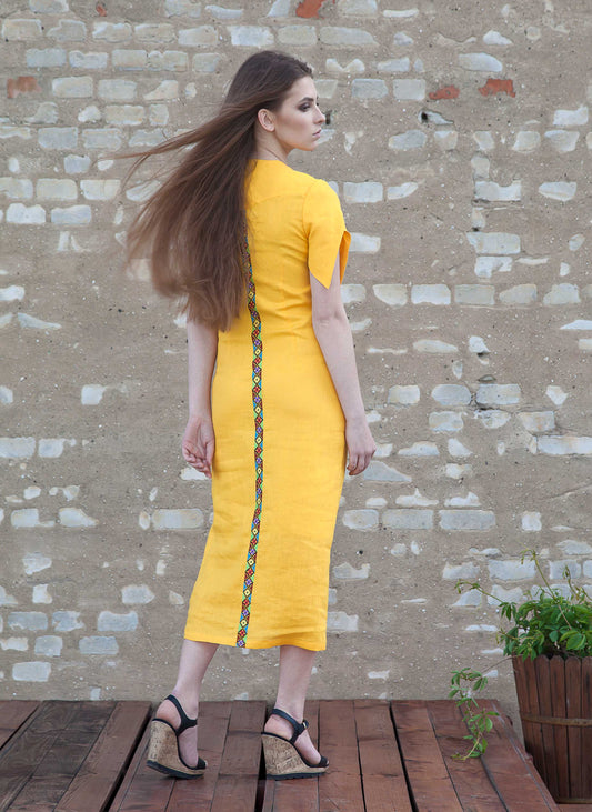 Linen Midi Dress - Bright Yellow Geometric Accents