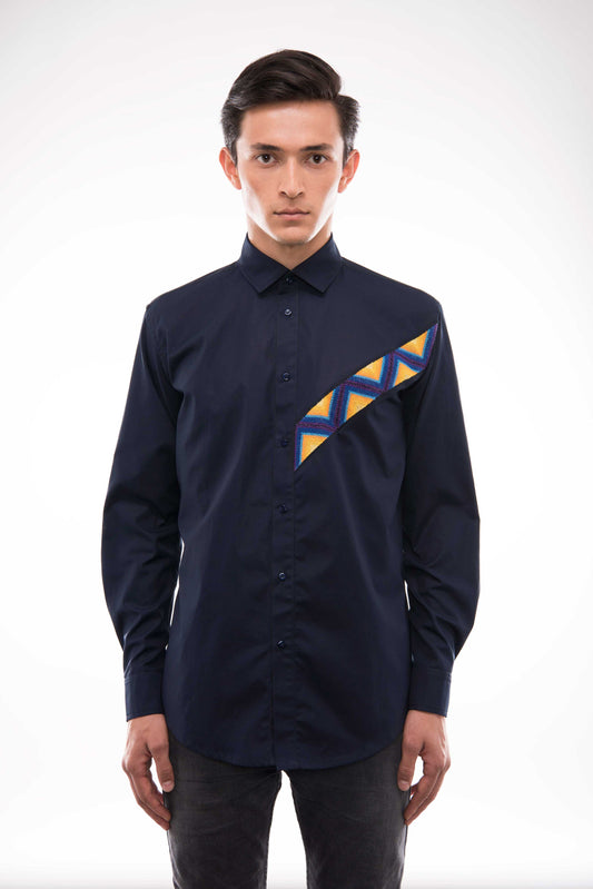 Men's Handmade Dark Blue Shirt - Patriotic Embroidered Motif