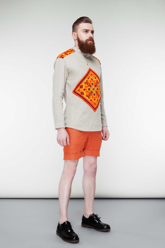 Men's Linen Shirt - Handcrafted Tapestry Detail