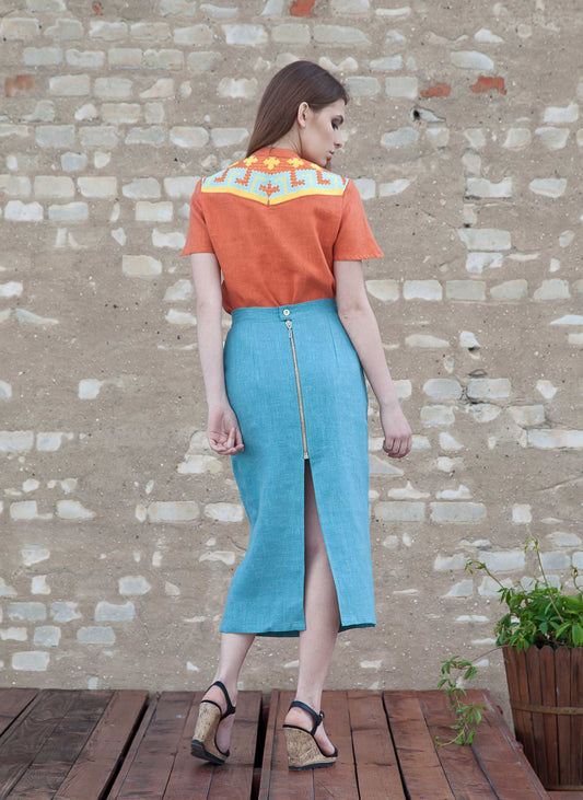 Peach Coral Linen Blouse - Machine Embroidery Art