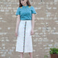 Sky Blue Linen Blouse & White Skirt Set - Machine Embroidered