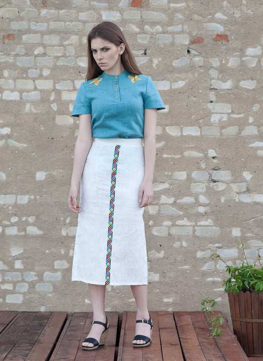 Sky Blue Linen Blouse & White Skirt Set - Machine Embroidered